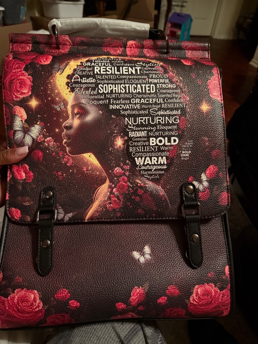 Floral Rose Print black Backpack Tote with Inspirational Art leather